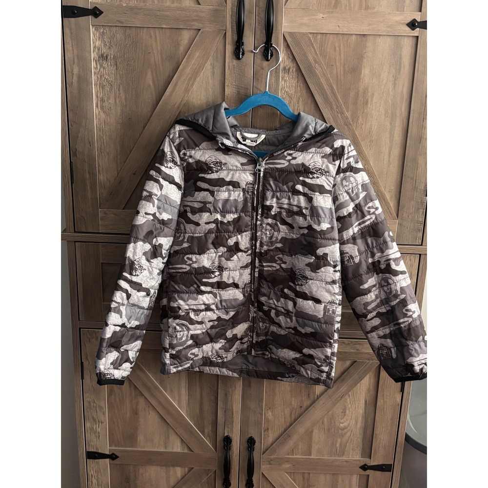 Gap Kids Star Wars Camo Puffer Jacket Grey Yoda R2-D2 Hooded Coat Small S